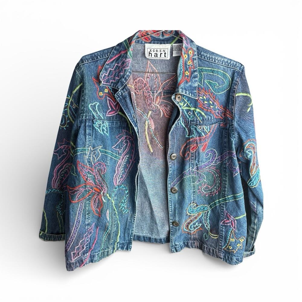 Boho Embroidered Denim Womens Large Colorful Floral Paisley Artisan Jean Jacket